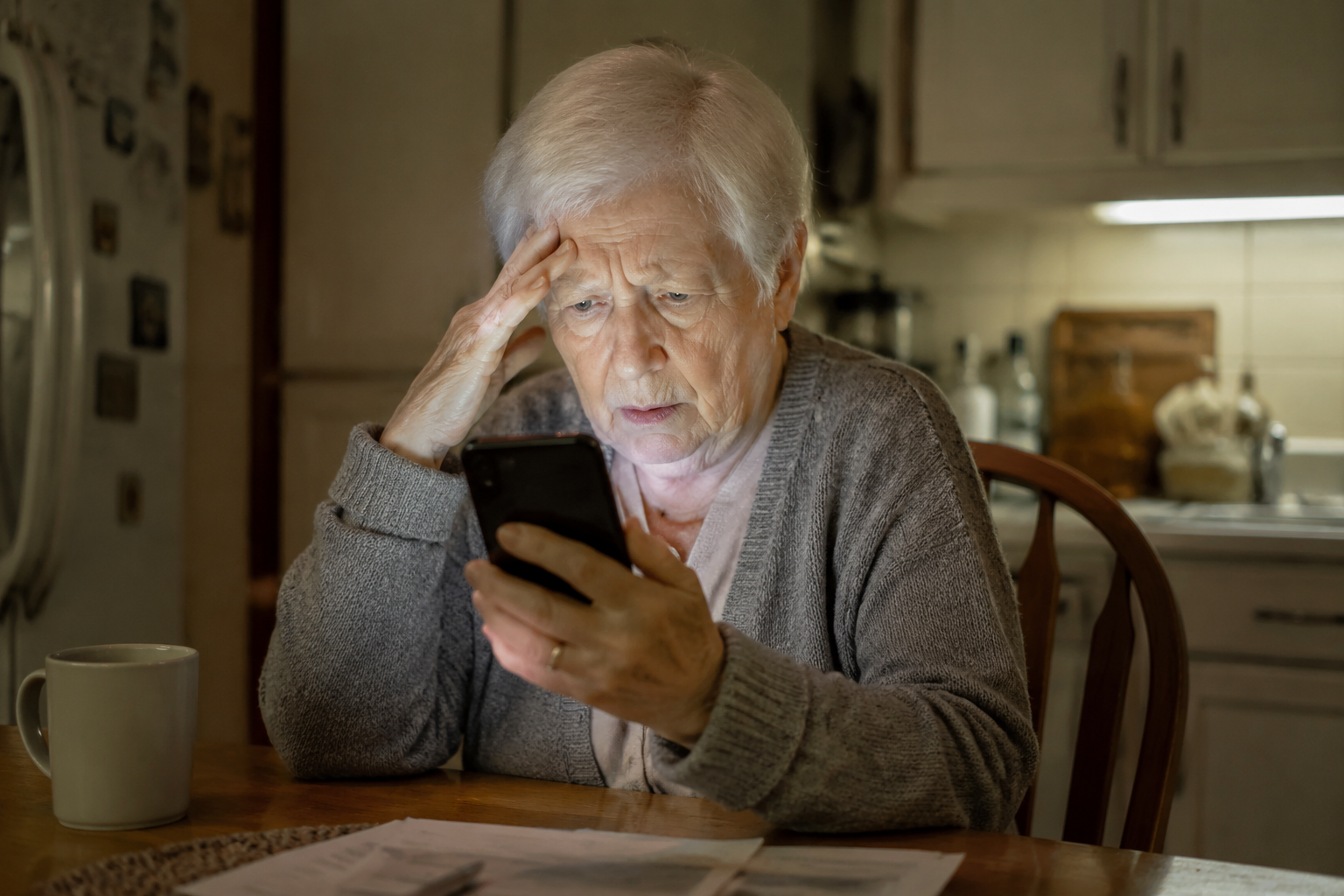 An older adult at a kitchen table looking uncertain while holding a glowing smartphone