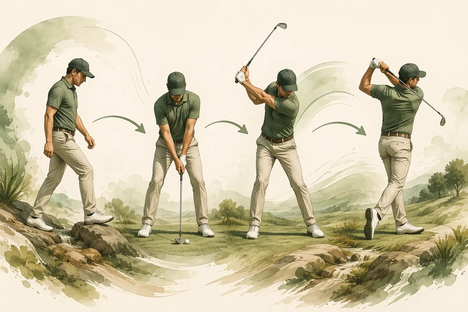 Illustration of walking, address position, backswing, and follow-through movements in golf