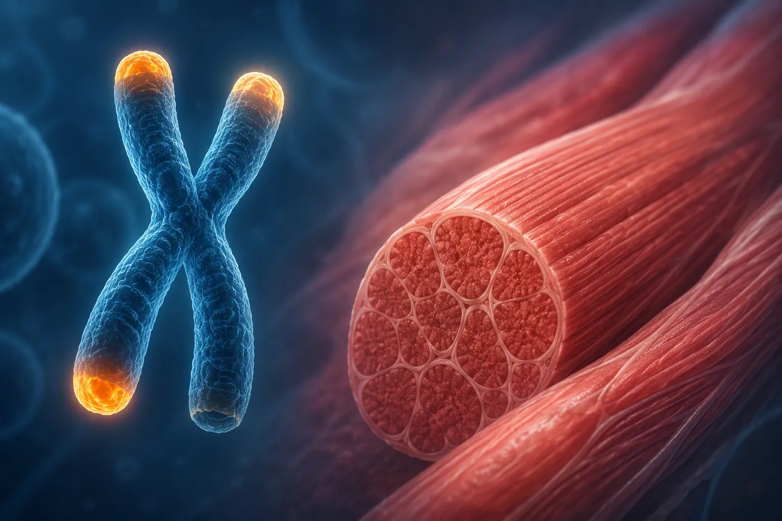 Scientific illustration of chromosome telomere caps beside muscle fibers, suggesting a possible connection between cellular aging and muscle repair capacity.