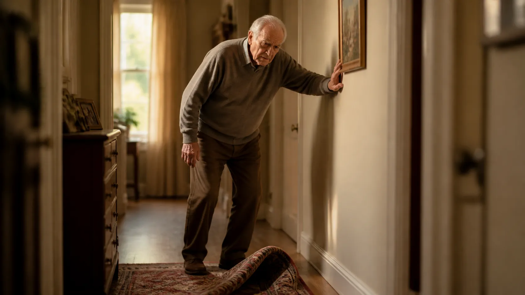Older adult man bracing against a hallway wall near a folded rug, showing how loss of balance can be an early illness warning sign