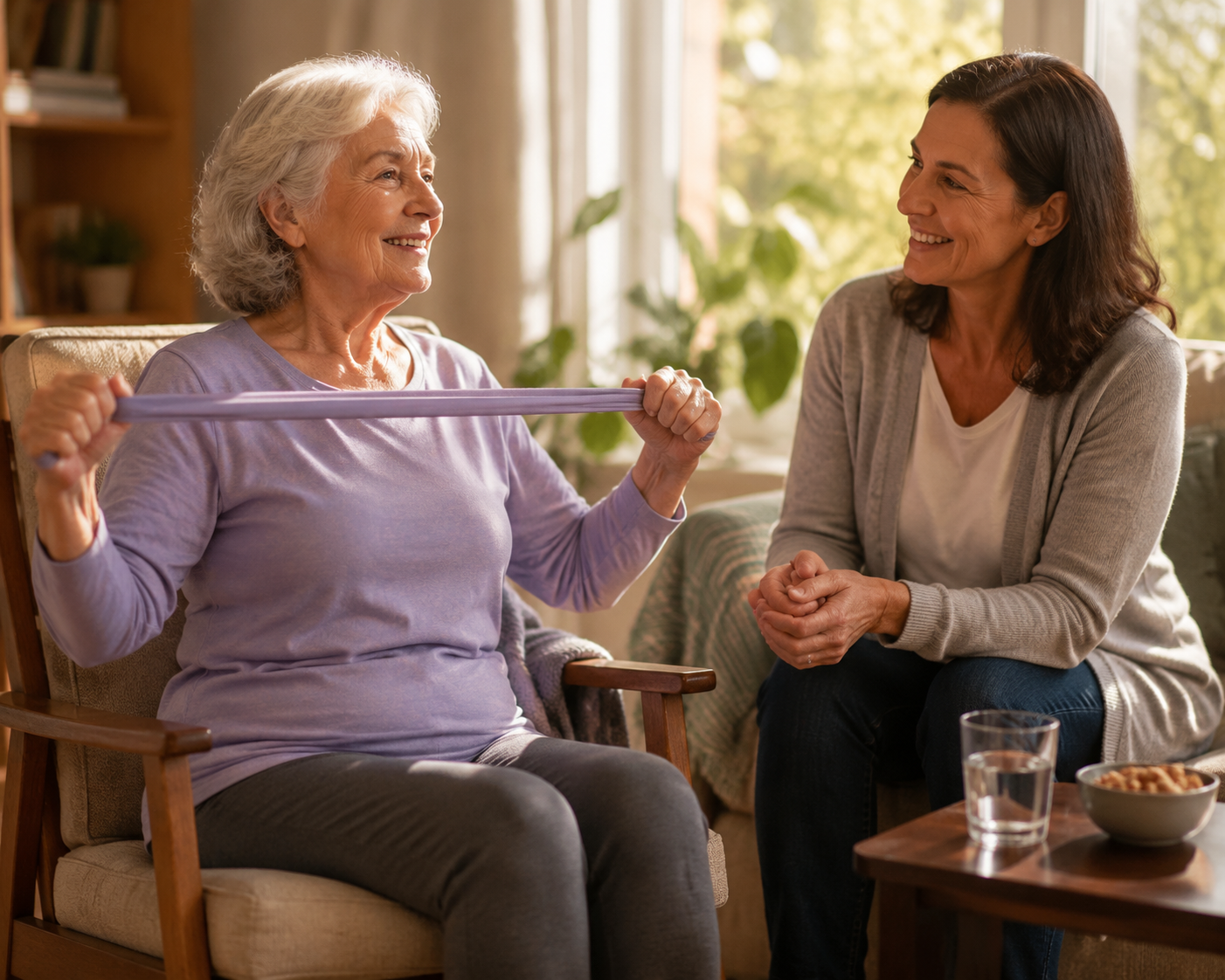 An older woman does resistance band exercises while her daughter encourages her nearby