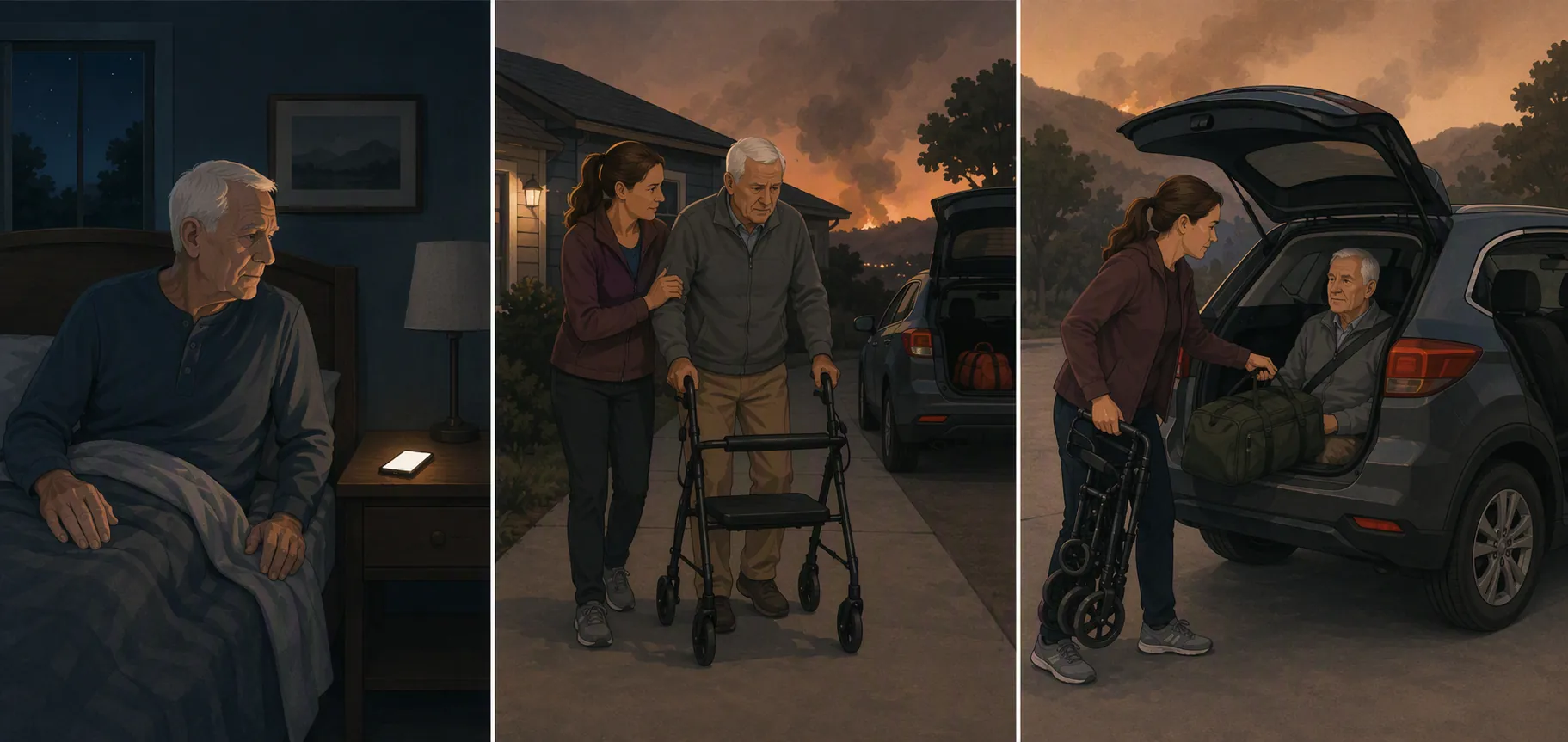 Three-panel illustration of an older man moving from bed to walker to passenger seat during an evacuation