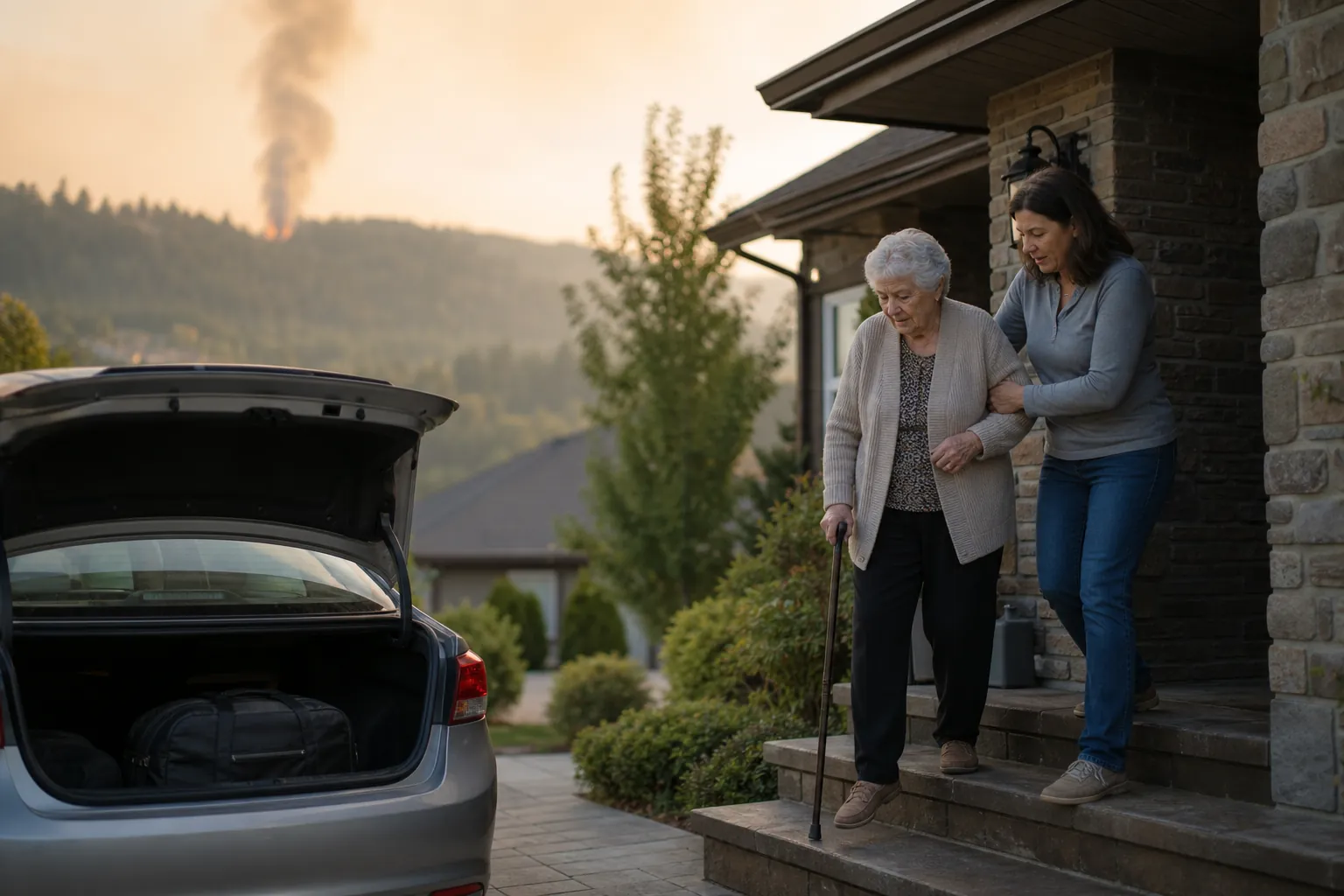 Adult daughter helping her elderly mother into a car for a calm early wildfire evacuation