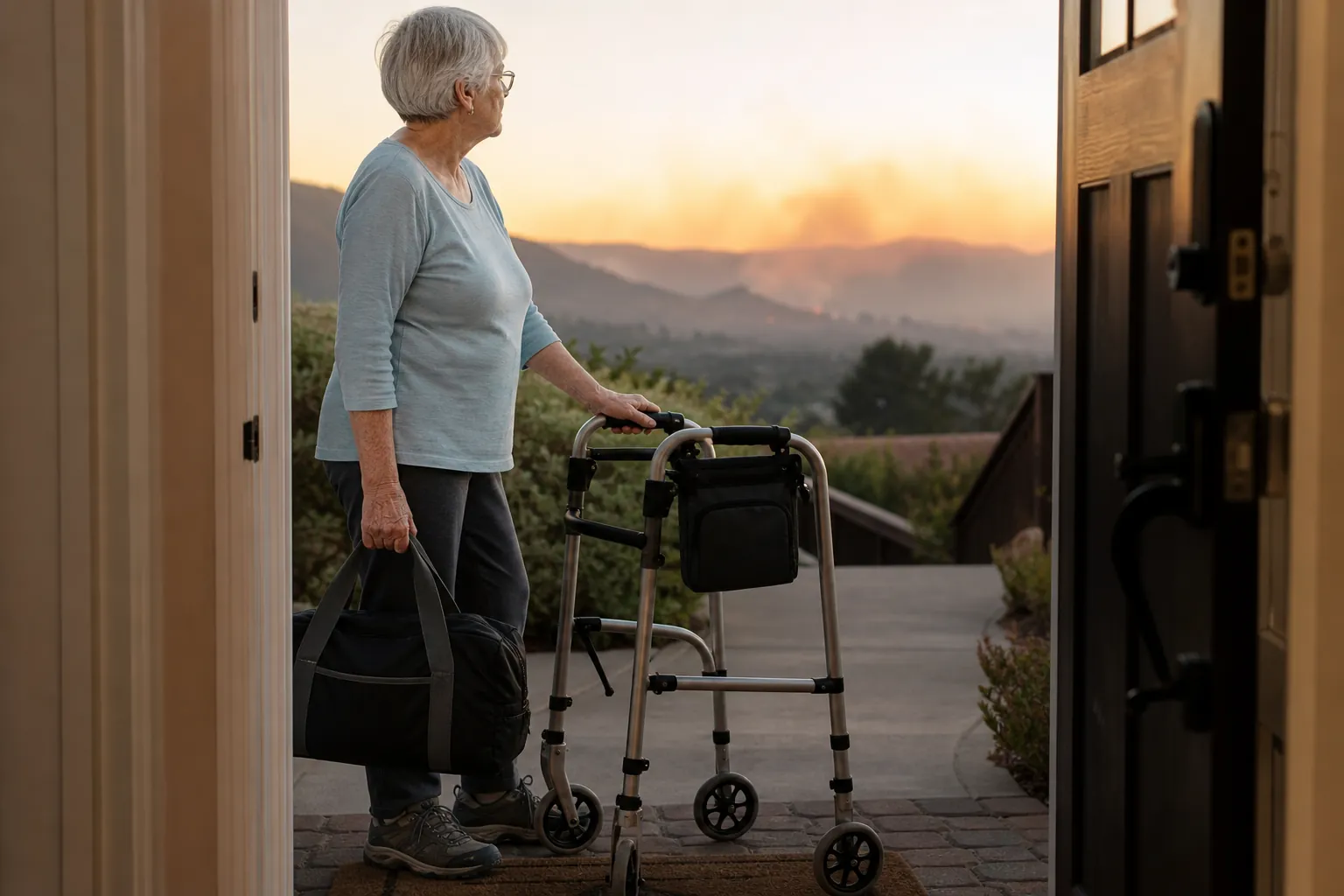 Older woman standing by her front door with an emergency go bag and rolling walker as wildfire smoke appears in the distance