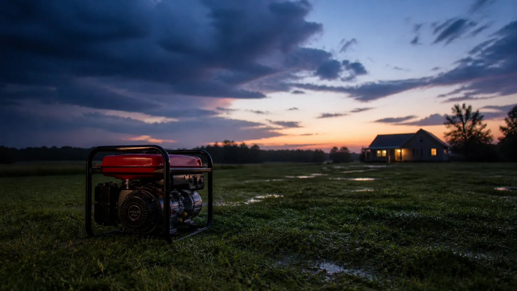 Portable generator outdoors on wet grass placed away from a house after a storm