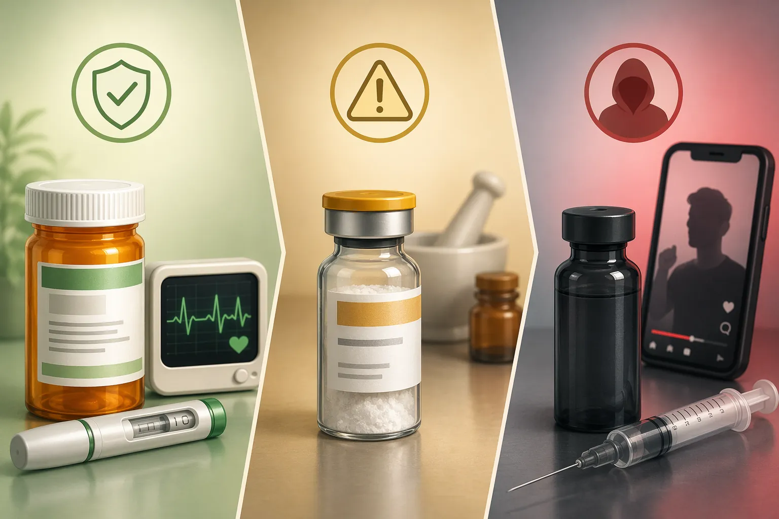 Three categories of peptide products: FDA-approved medicine, compounded or restricted peptide, and gray-market research chemical
