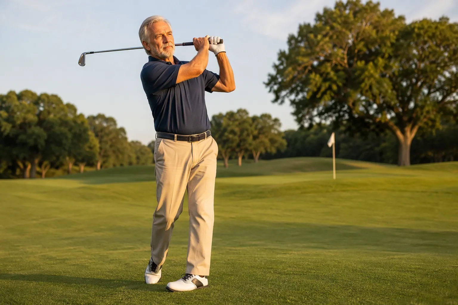 Older adult golfer holding a balanced follow-through on a grassy fairway