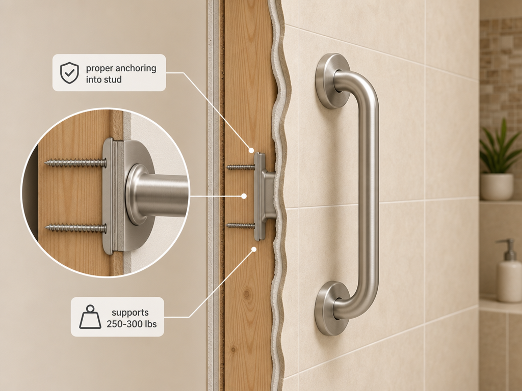 Cross-section cutaway of a wall showing a brushed nickel grab bar anchored into a wooden stud with screws, with a close-up callout and labels indicating proper stud anchoring and 250-300 lb weight support.