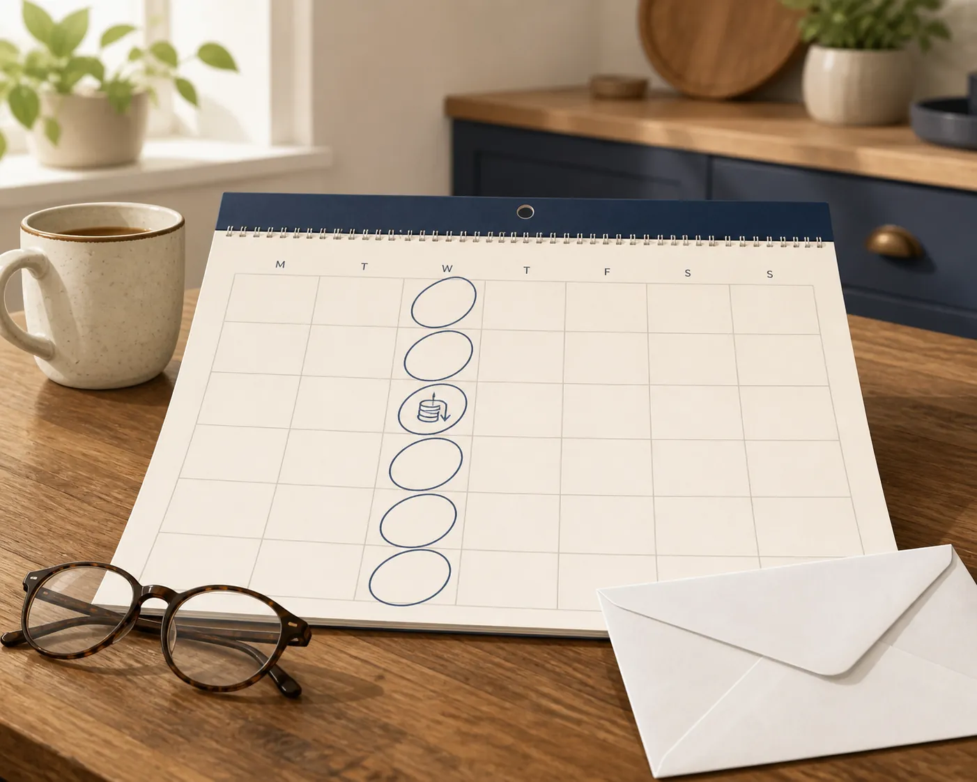 Kitchen table with an open wall calendar, reading glasses, and circled Wednesday deposit dates