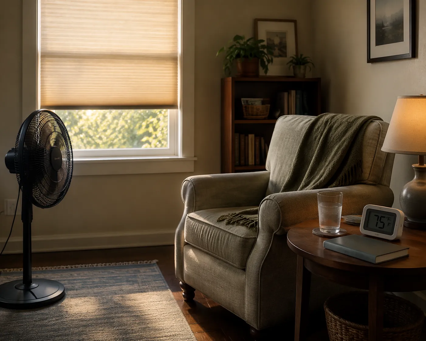 Cool corner with shaded window, fan, armchair, water glass, book, and thermometer reading 75 degrees Fahrenheit