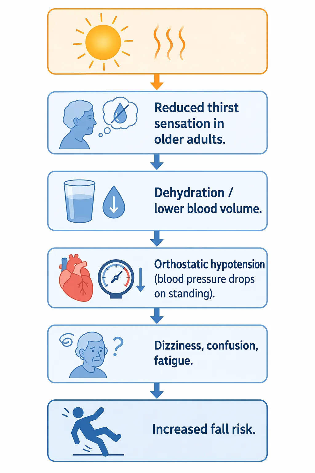 Flowchart showing heat leading to reduced thirst, dehydration, orthostatic hypotension, dizziness and fatigue, and increased fall risk
