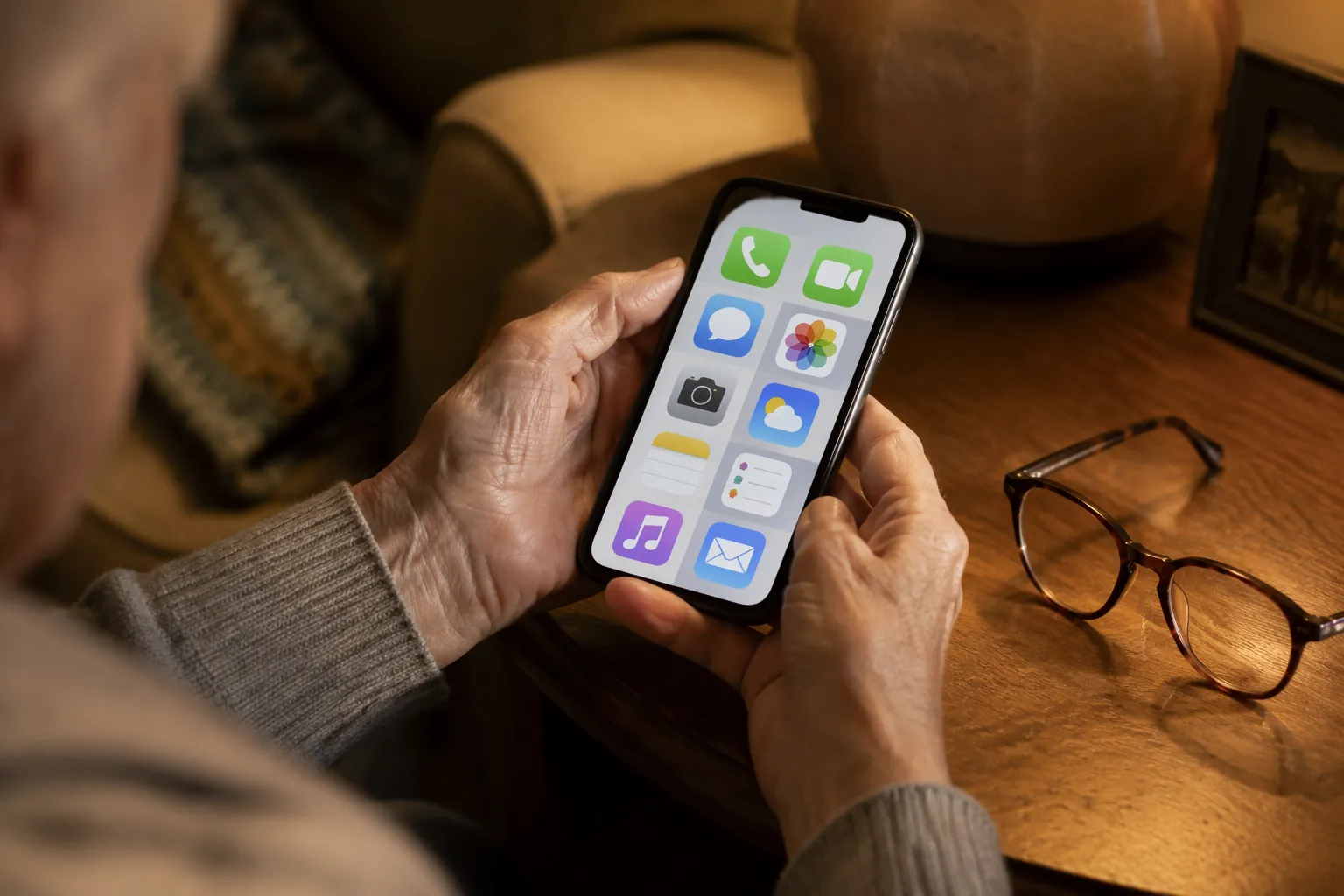 An older adult holds an iPhone with a simplified accessibility-friendly home screen