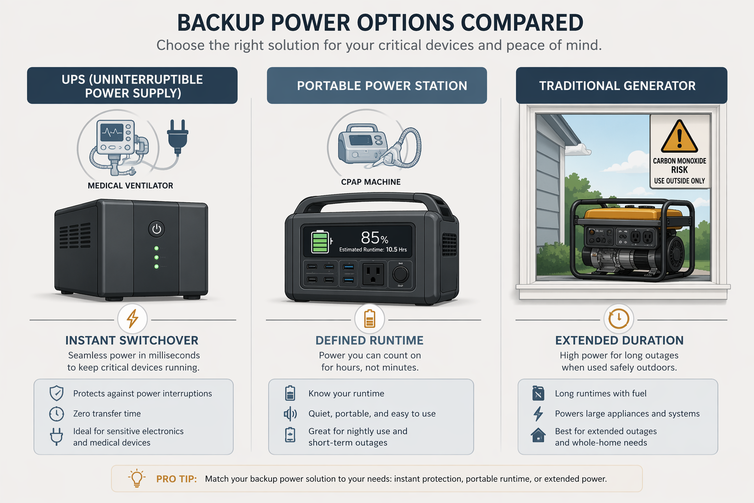 Comparison of UPS, portable power station, and outdoor generator backup categories