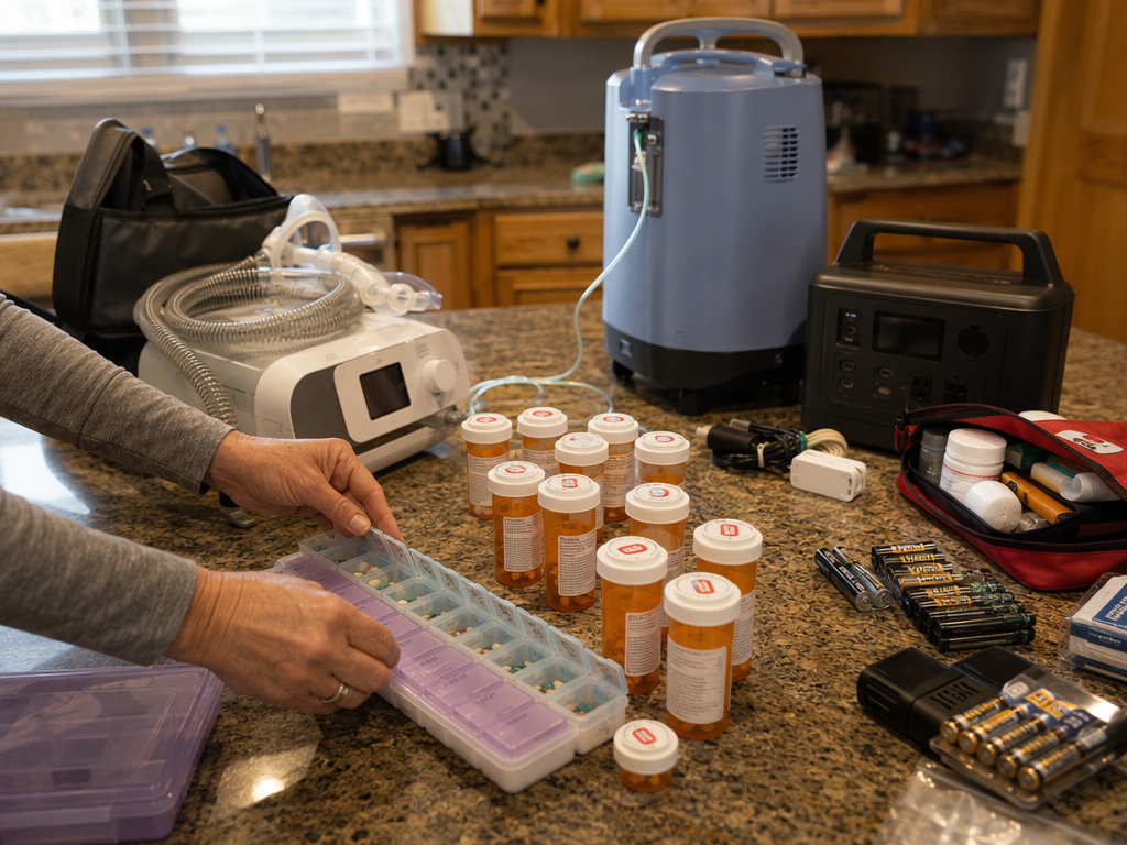 Caregiver organizing prescription bottles, a pill organizer, CPAP equipment, oxygen equipment, batteries, and an emergency kit bag