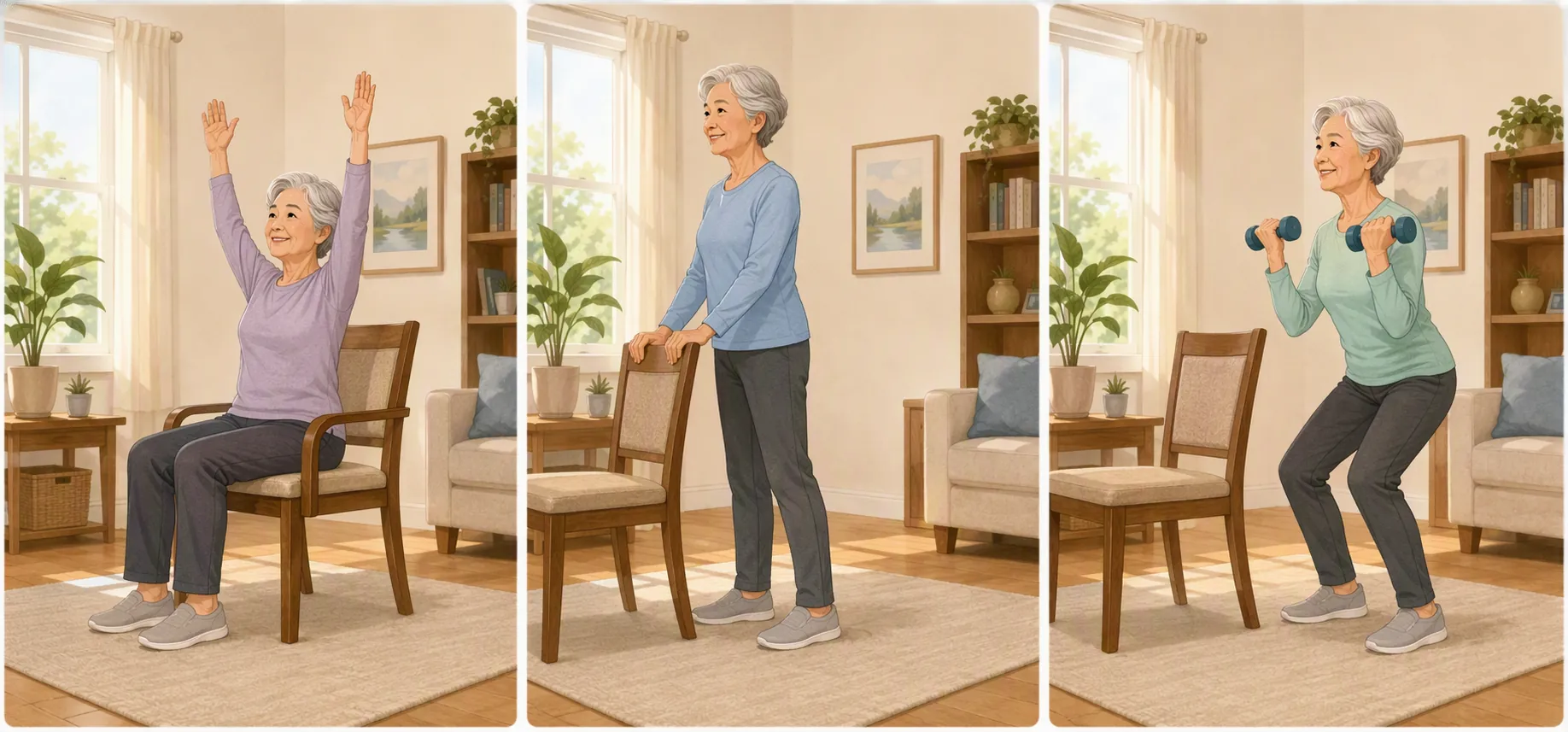 Three-panel illustration showing seated exercise, supported standing exercise, and active standing strength work with a chair nearby
