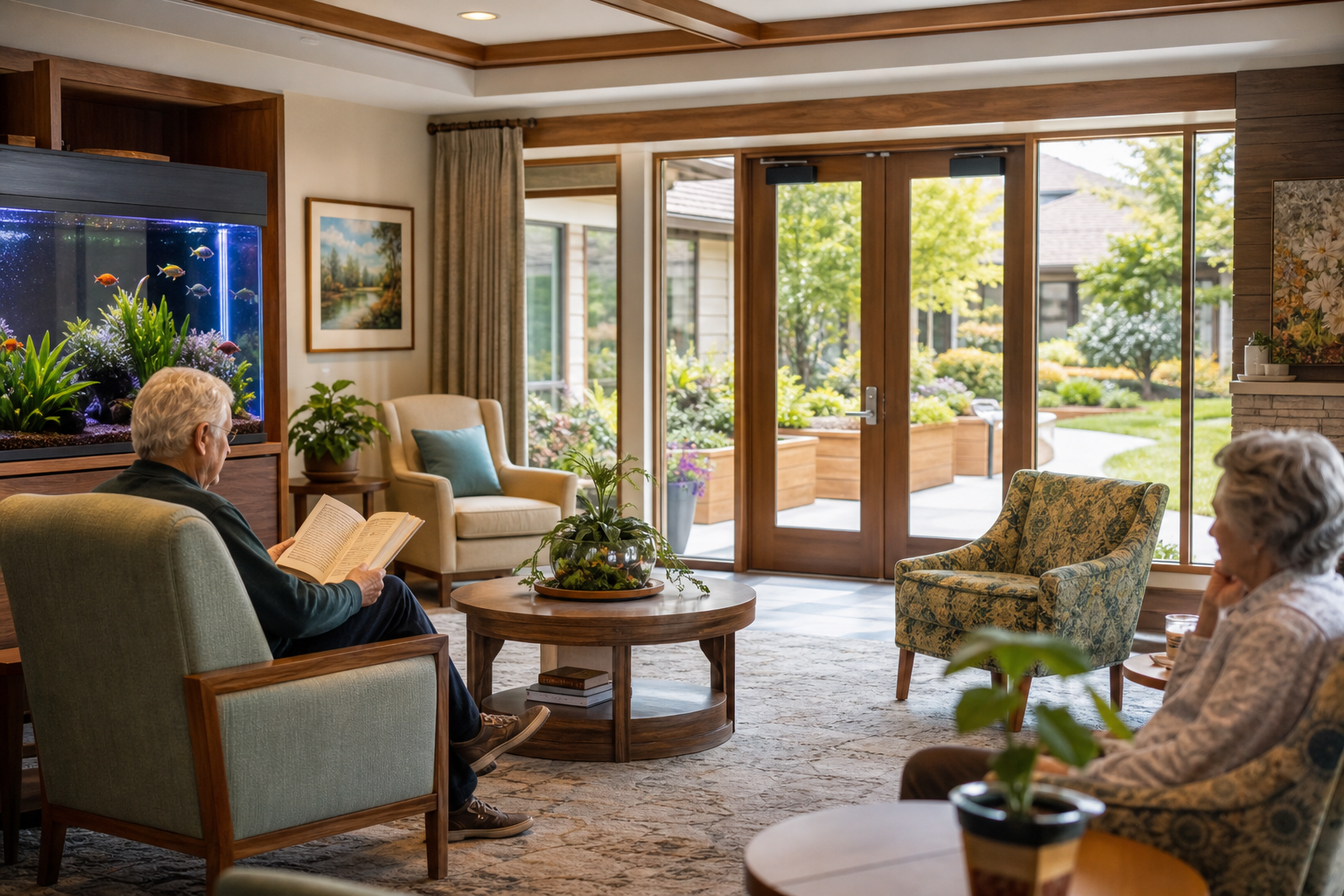 A bright memory care common area with comfortable armchairs, a calm sensory element, and glass doors opening onto a secure garden with raised planters and a walking path. Warm wood tones, soft natural light, and homelike décor create a dignified, reassuring space.