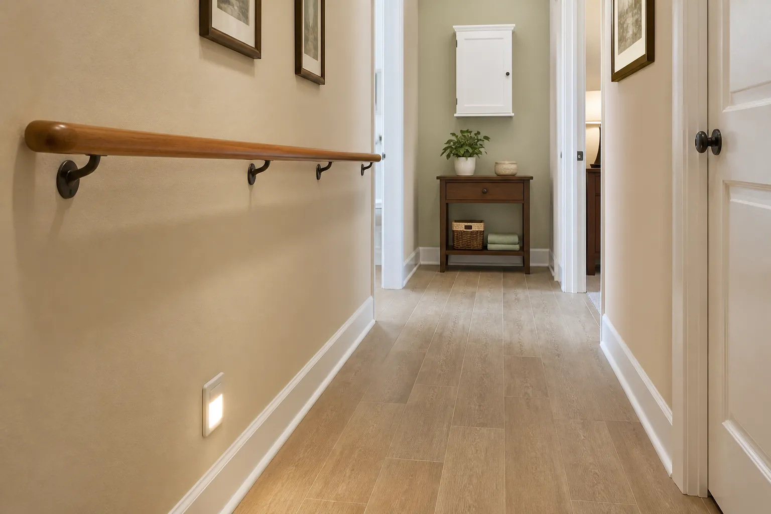 Clutter-free hallway with nightlight, wall handrail, and non-slip flooring