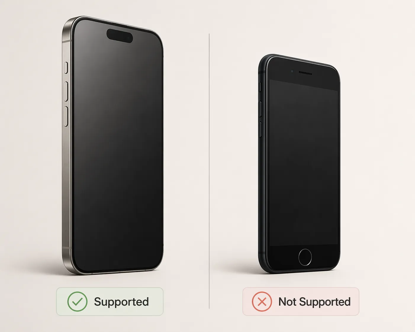 Illustration comparing a supported iPhone 15 Pro with an older unsupported iPhone