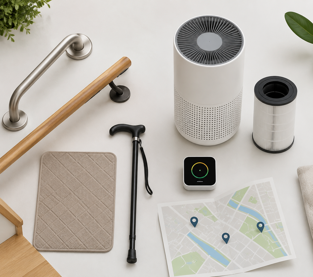 Home safety items and air quality tools arranged together