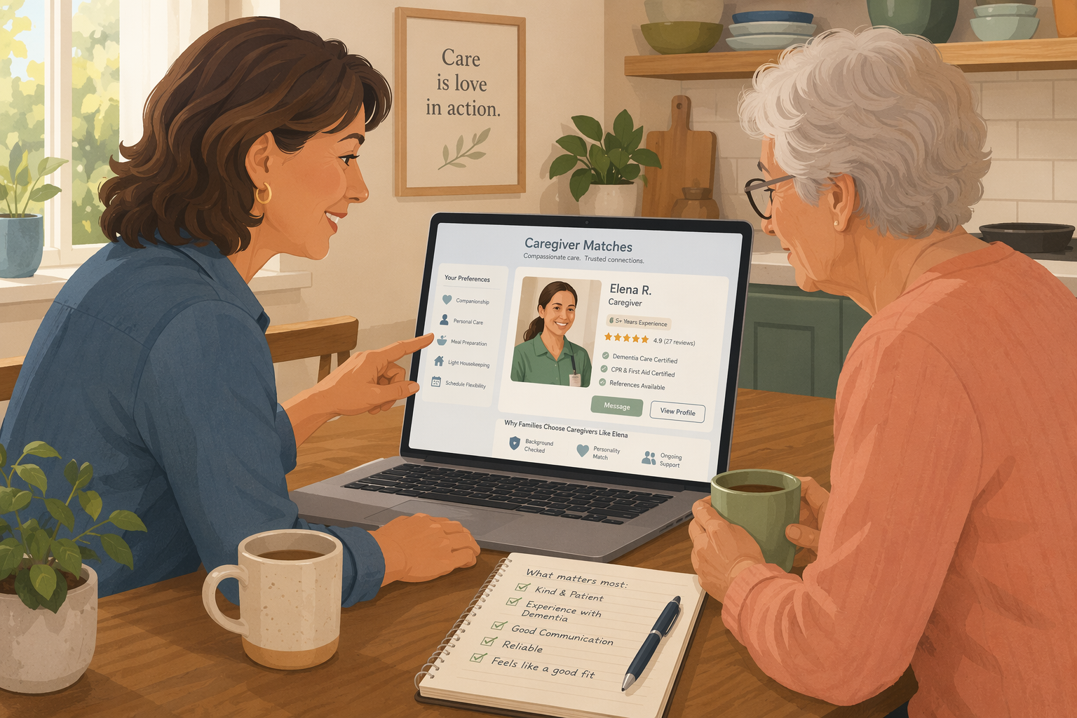 A middle-aged adult child and an elderly parent sitting at a kitchen table, looking at a laptop showing a caregiver profile page.