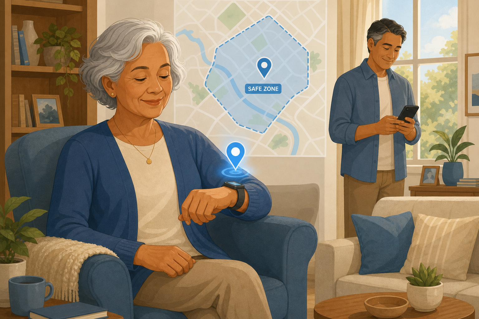 An older adult wearing a discreet smartwatch-style GPS device while an adult child checks a smartphone in the background.