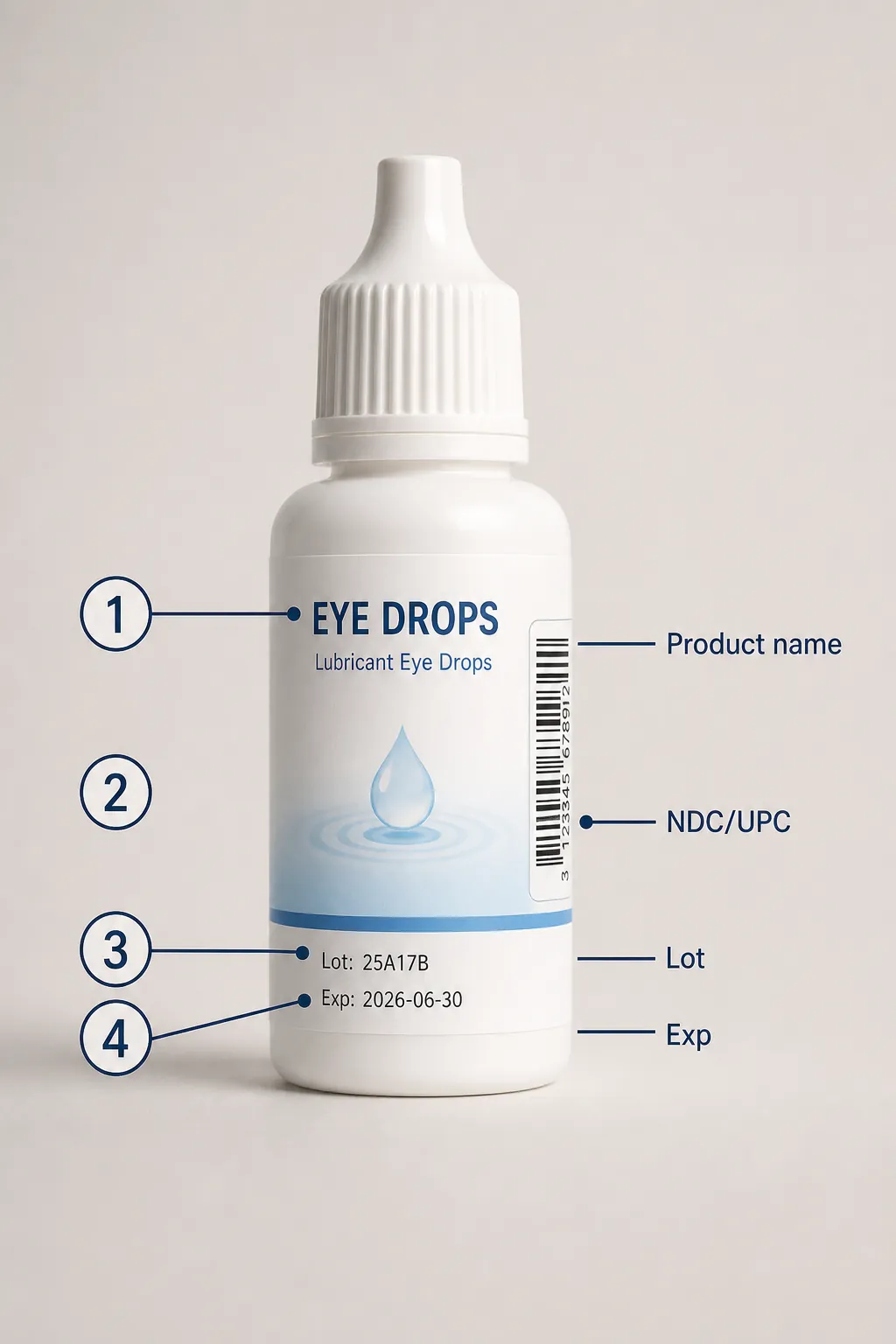 Generic eye drop bottle showing product name, NDC or UPC, lot code, and expiration date locations