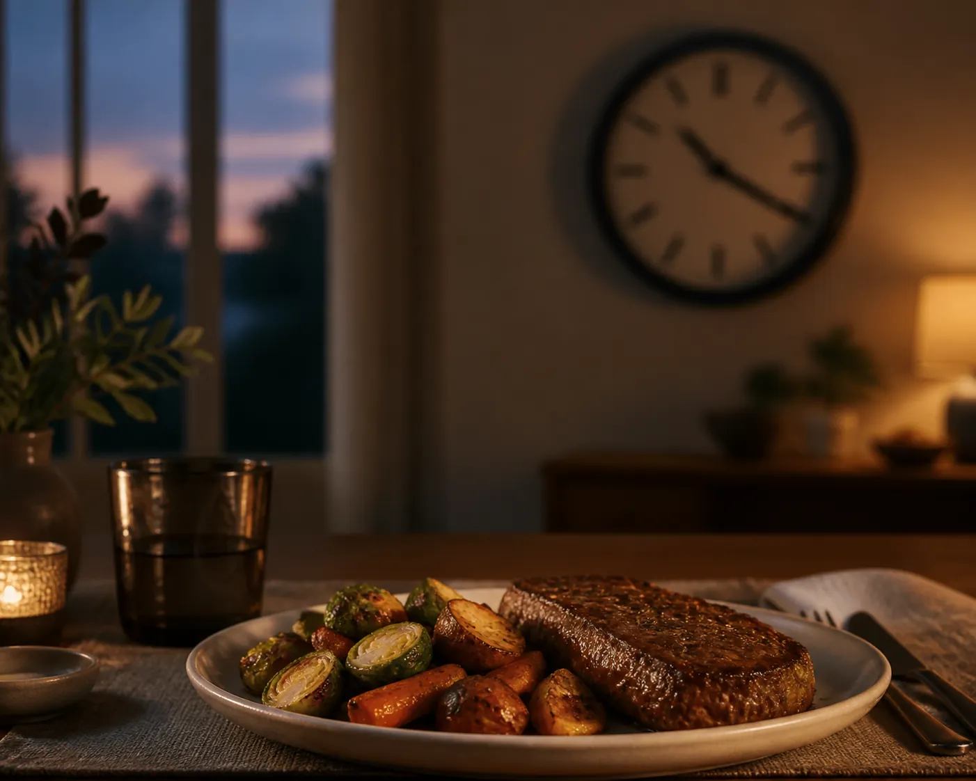 Dinner plate with steak and vegetables near a blurred wall clock, suggesting a delayed reaction after a meal