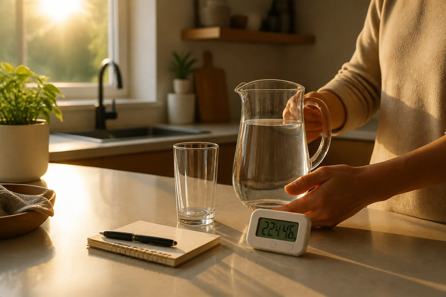 Caregiver arranging a hydration station with water, a notepad, and a thermometer on a kitchen counter