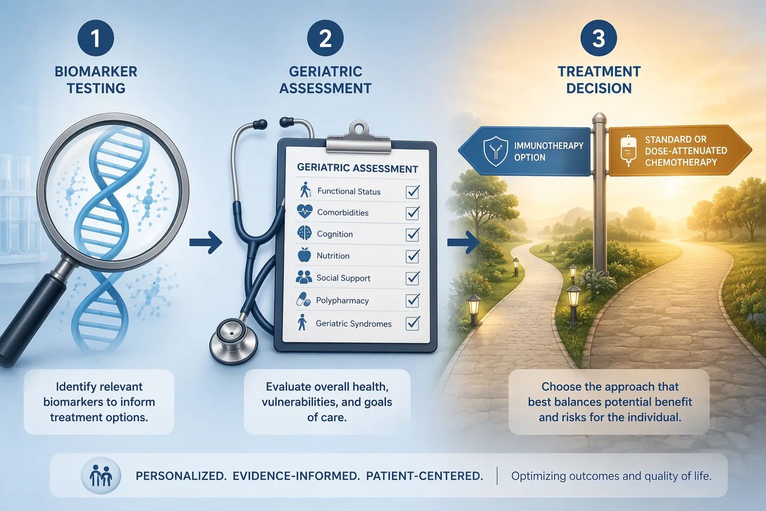 Decision pathway showing biomarker testing, geriatric assessment, and treatment choices
