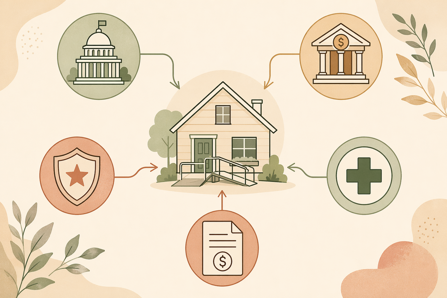 An editorial flat-lay illustration on a warm cream background showing a central house icon surrounded by connected icons representing different home modification funding pathways: a government building for grants, a bank for loans, a shield for veterans benefits, a medical cross for insurance and Medicaid, and a tax document for deductions.