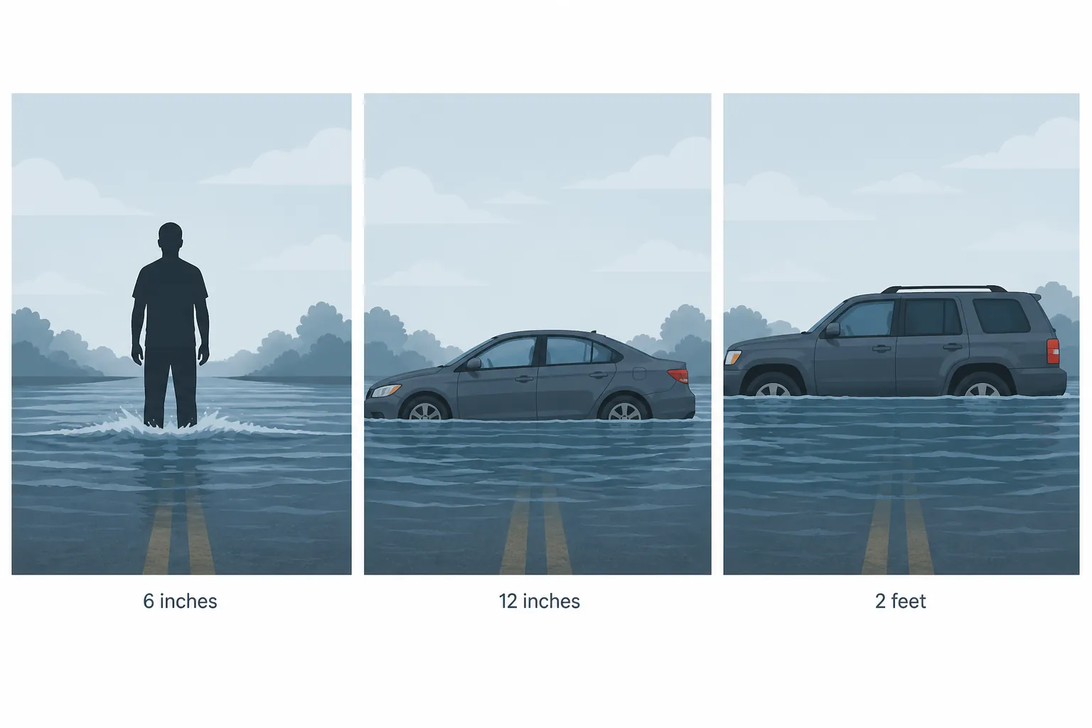 Illustration showing floodwater depth rules at 6 inches, 12 inches, and 2 feet for adults, cars, and SUVs