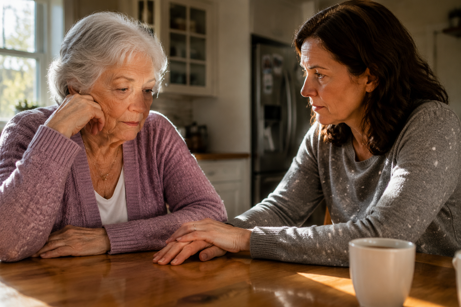 An older woman and adult daughter having a careful conversation at a kitchen table