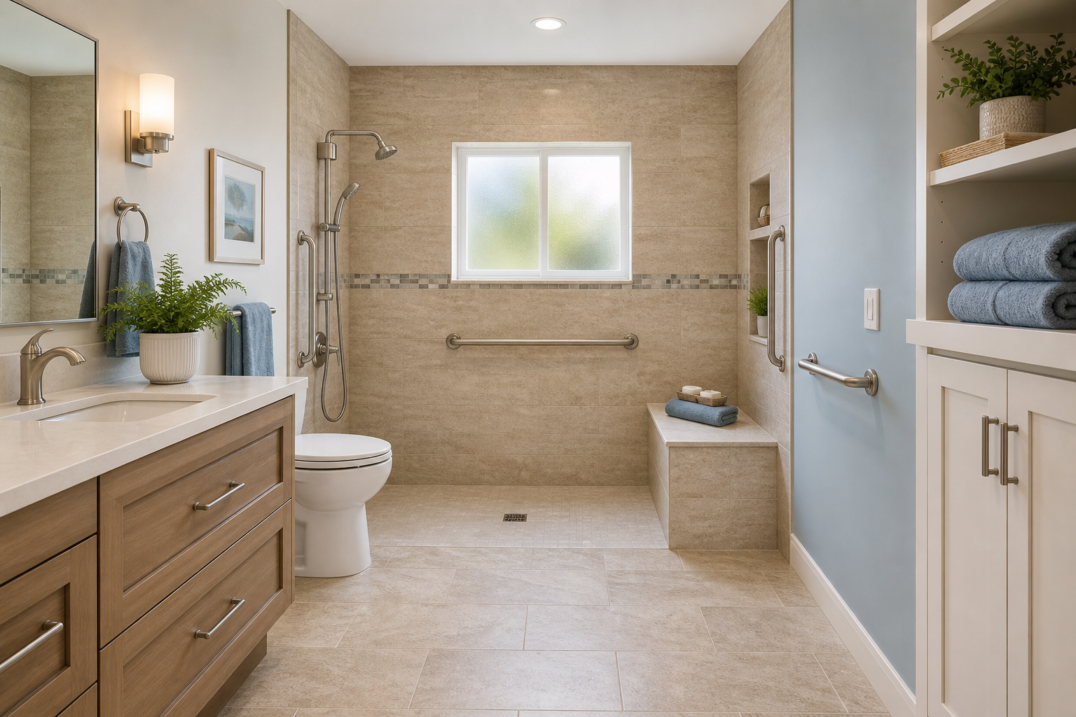 A bright, modern accessible bathroom with a curbless walk-in shower featuring a built-in bench, brushed nickel grab bars, a comfort-height toilet, and slip-resistant natural stone tile flooring, bathed in soft natural light with warm beige tones and a potted plant.