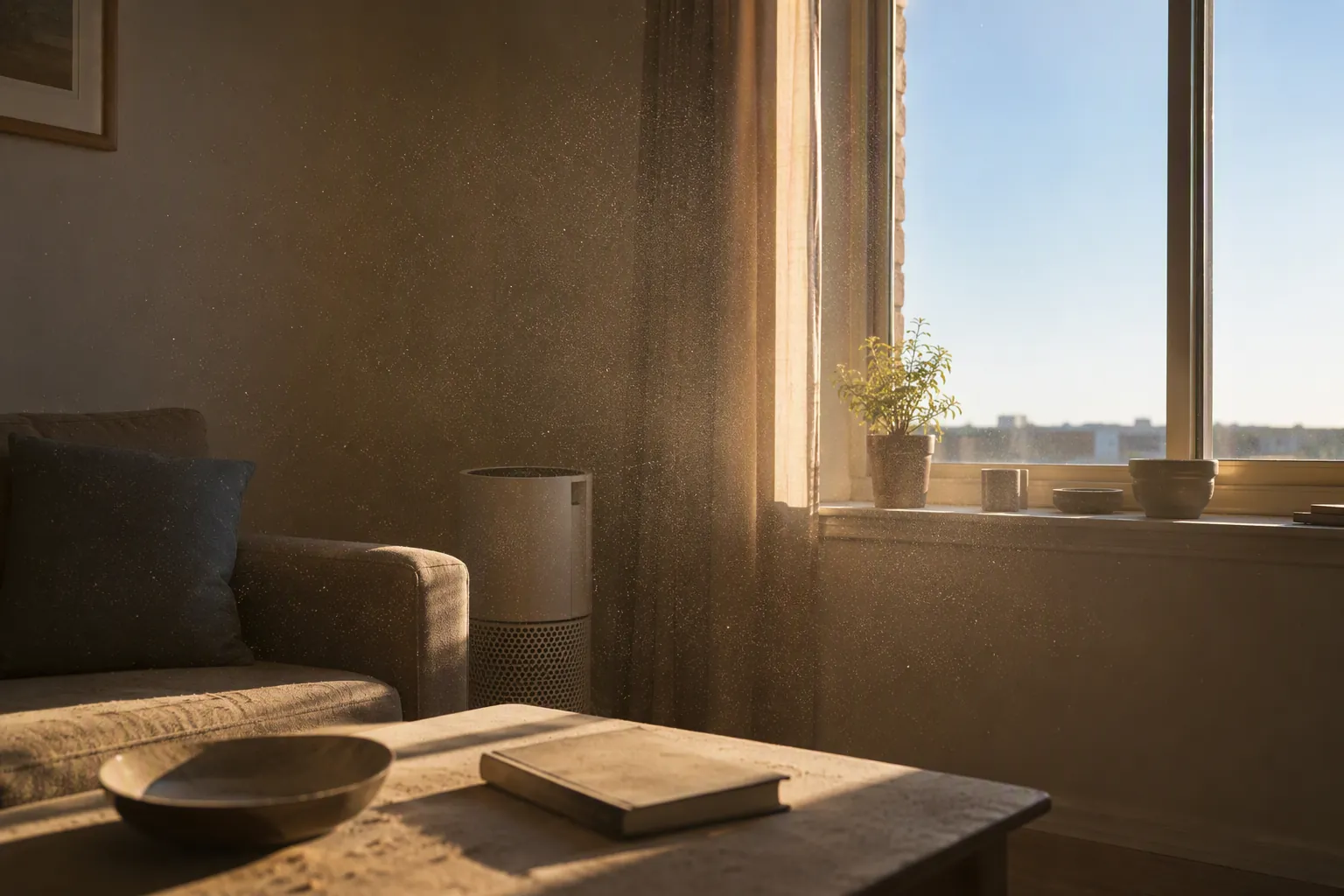 Dust motes and a thin dust layer inside a living room after a storm while an air purifier runs