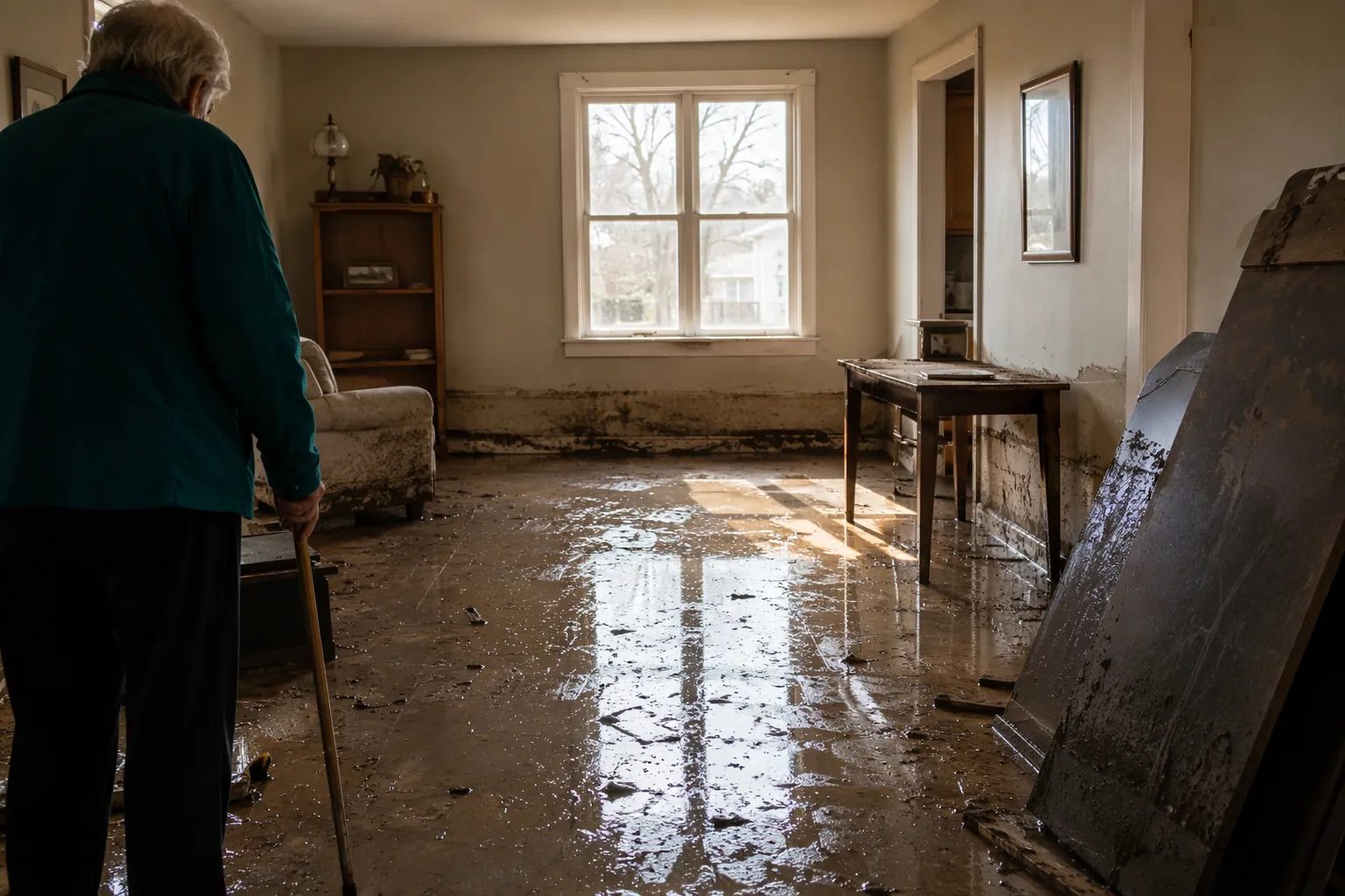 Older adult with a cane standing cautiously at the edge of a wet, muddy room after a flood