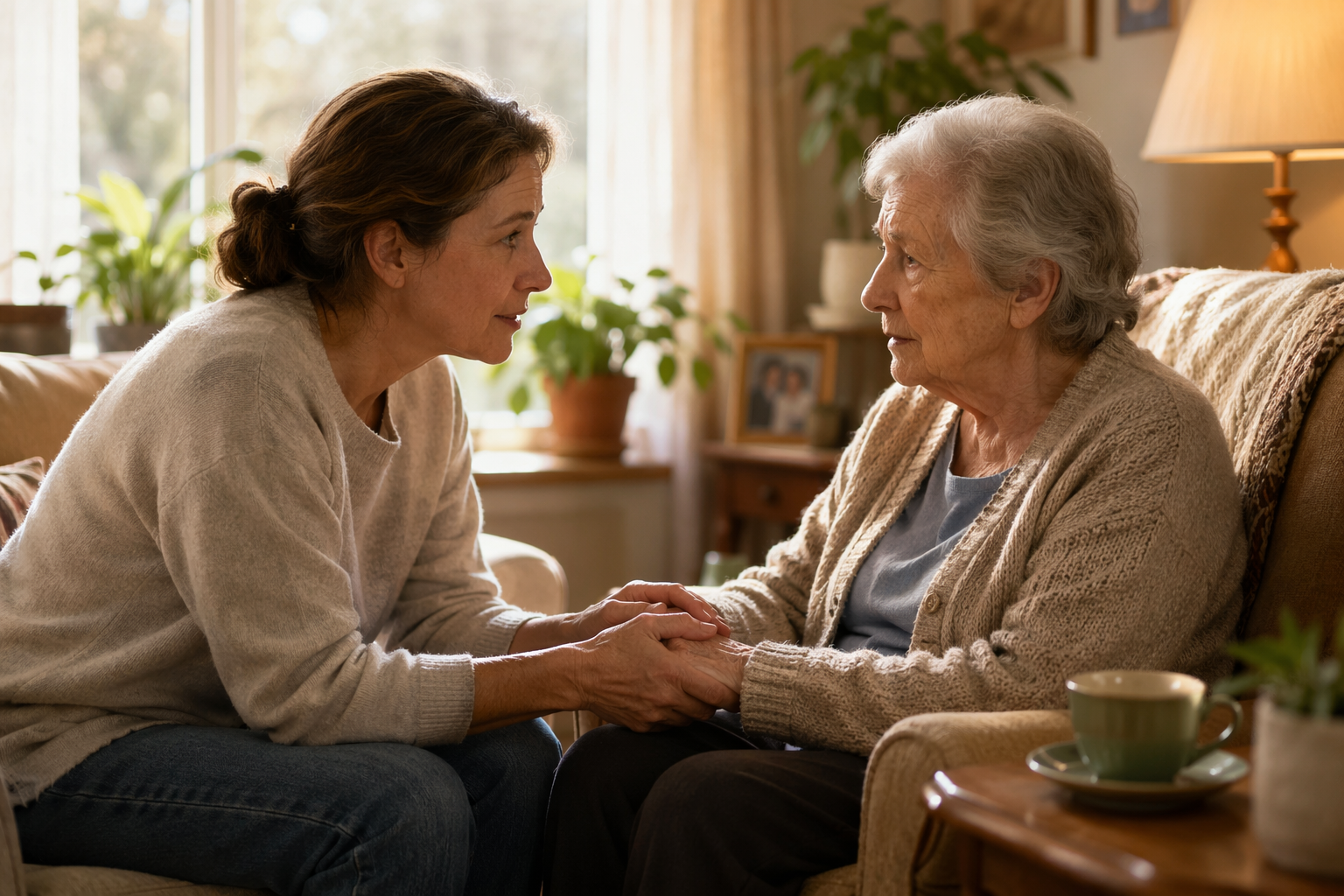 Warm realistic illustration of an adult child sitting knee-to-knee with an elderly parent in a cozy living room, holding their hand gently during a difficult conversation