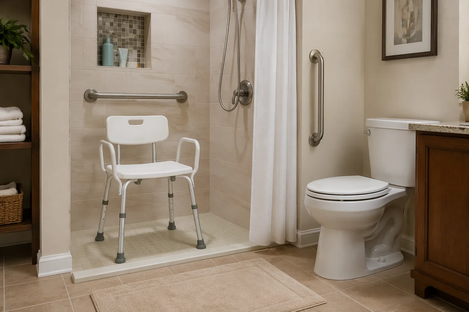 Well-lit bathroom with a shower chair, grab bars, and non-slip bath mat