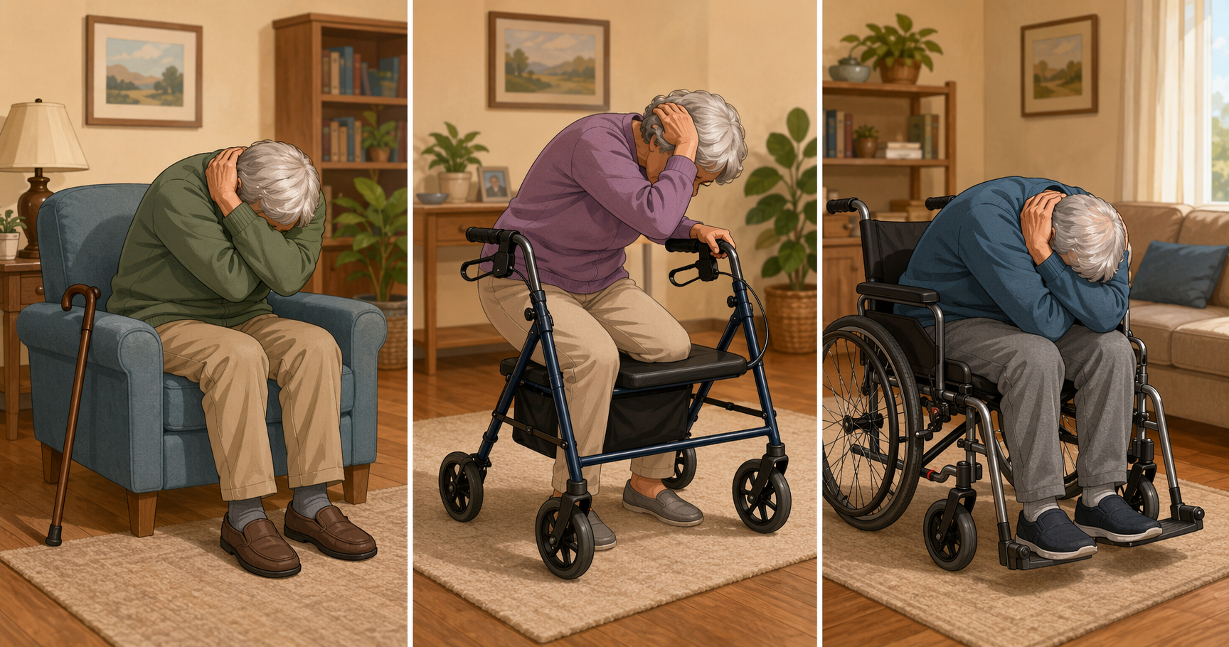 Illustration of adapted earthquake safety positions for a cane user, walker user, and wheelchair user