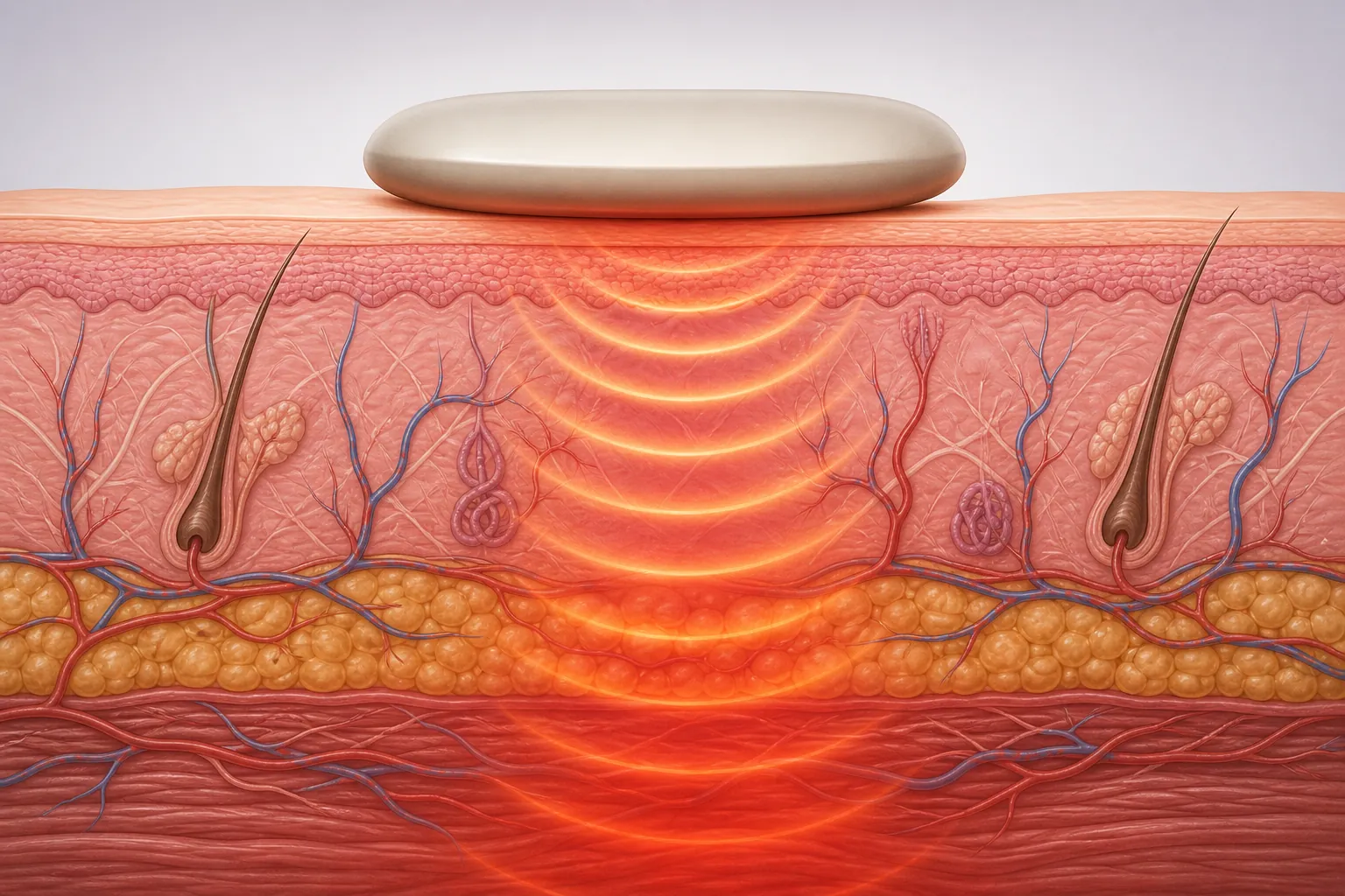 Illustration of heat from a warm object penetrating through skin layers into deeper tissue