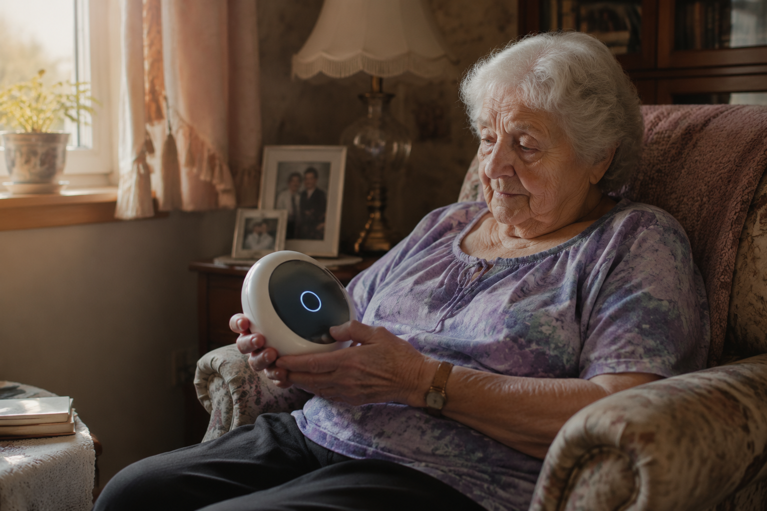 Older woman holding a small tabletop companion device in a sunlit living room