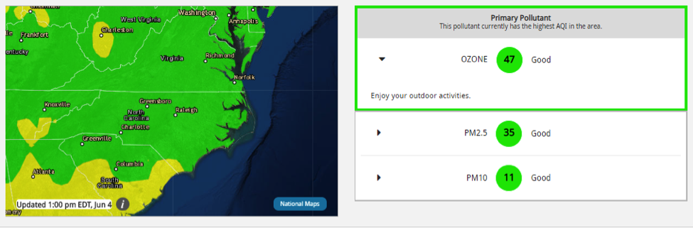 AirNow.gov homepage showing a color-coded AQI map and search bar for checking current air quality by location.