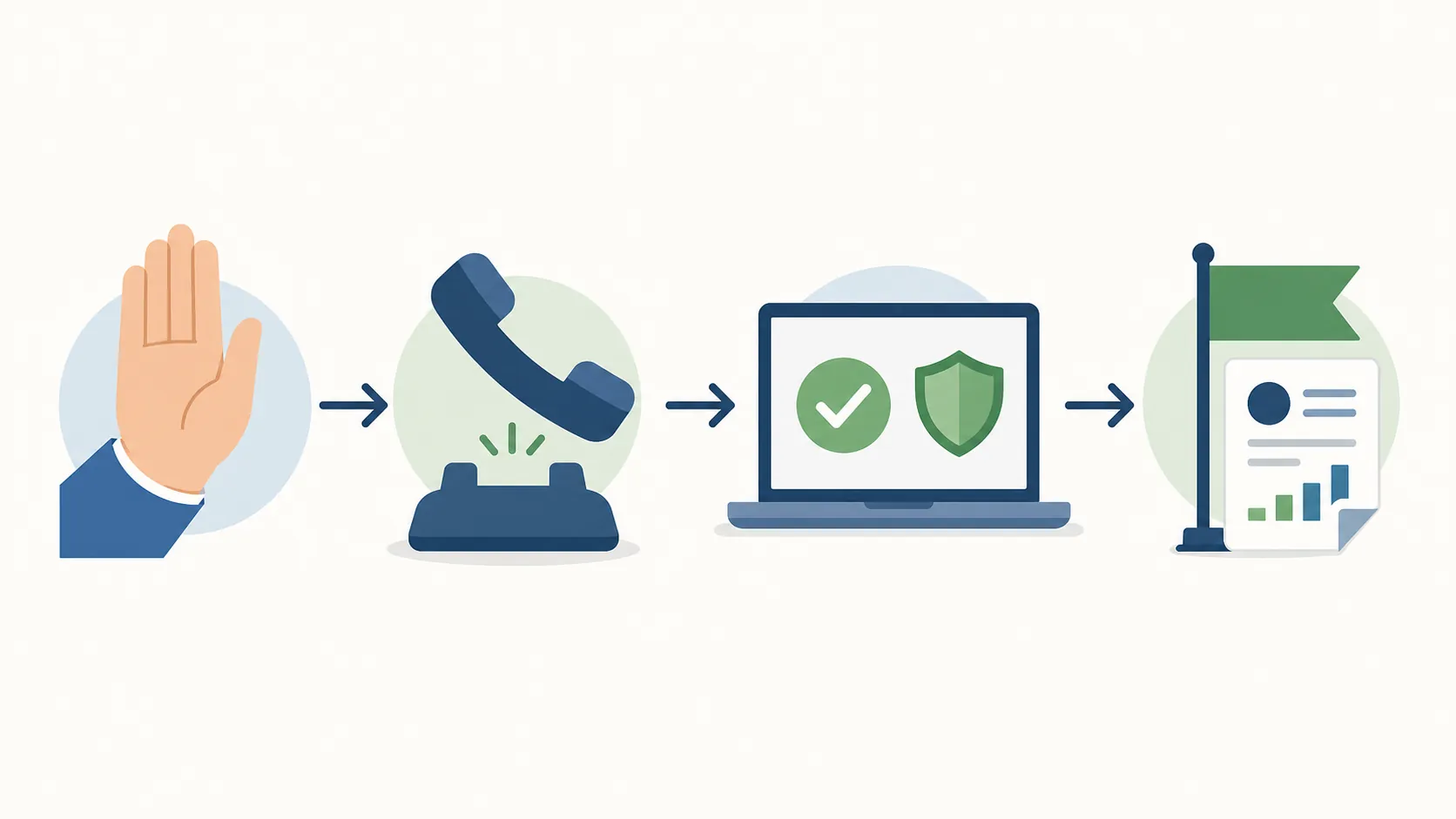Four-step process showing pause, hang up, verify, and report