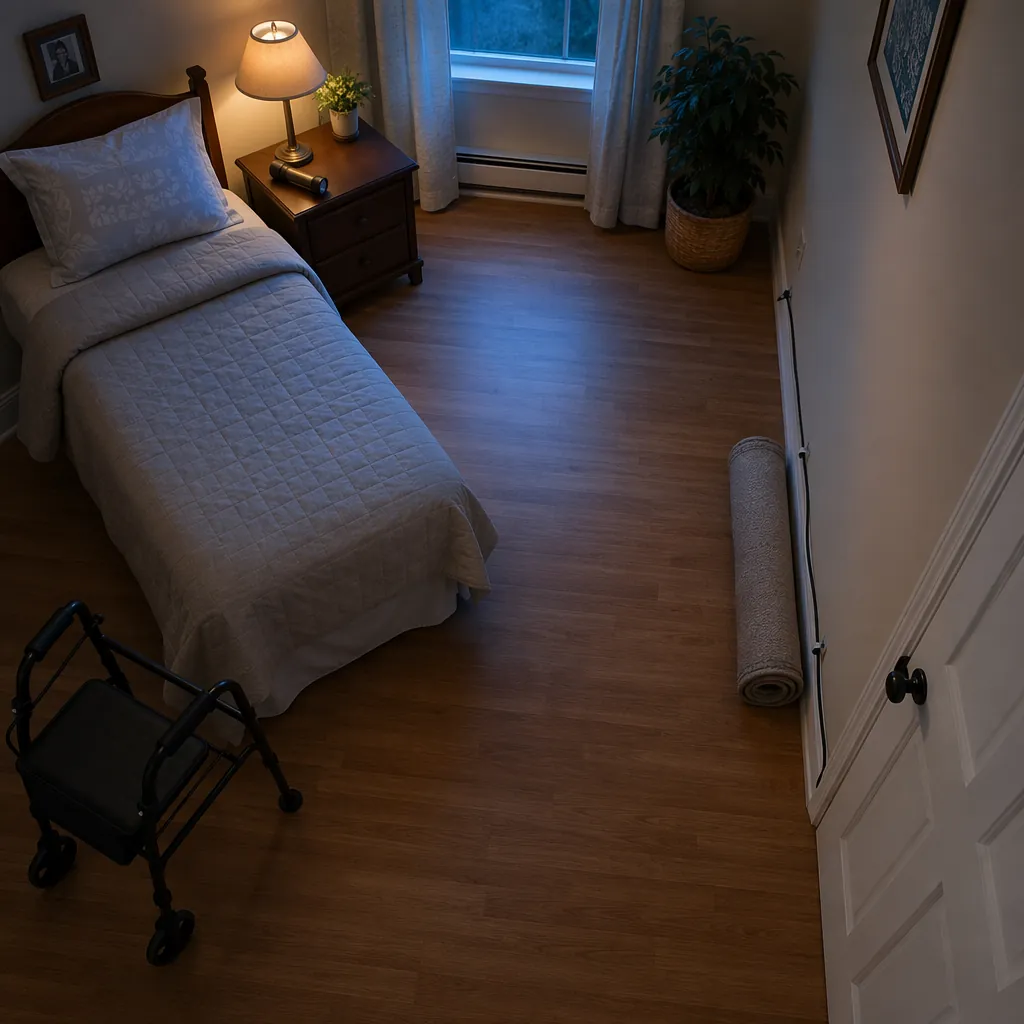 Senior bedroom prepared for a storm outage with a clear path, flashlight on the nightstand, taped cord, removed rug, and walker within reach