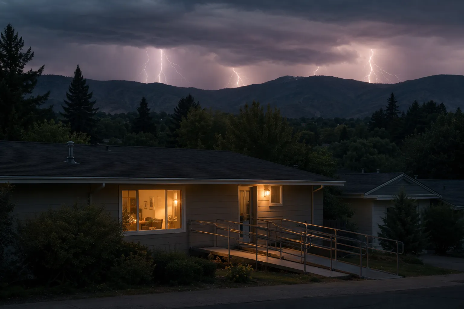 Accessible foothills home at dusk with dry lightning striking a distant ridge
