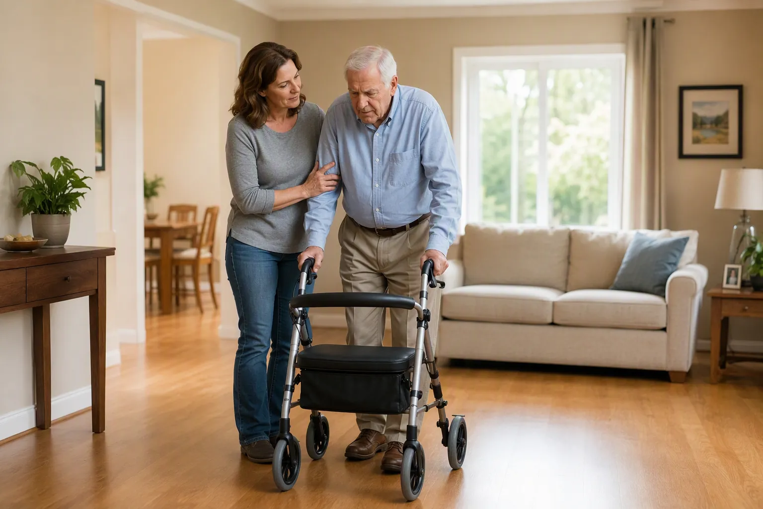 A daughter guiding her father with Parkinson's through a clear living room with wide pathways and no throw rugs