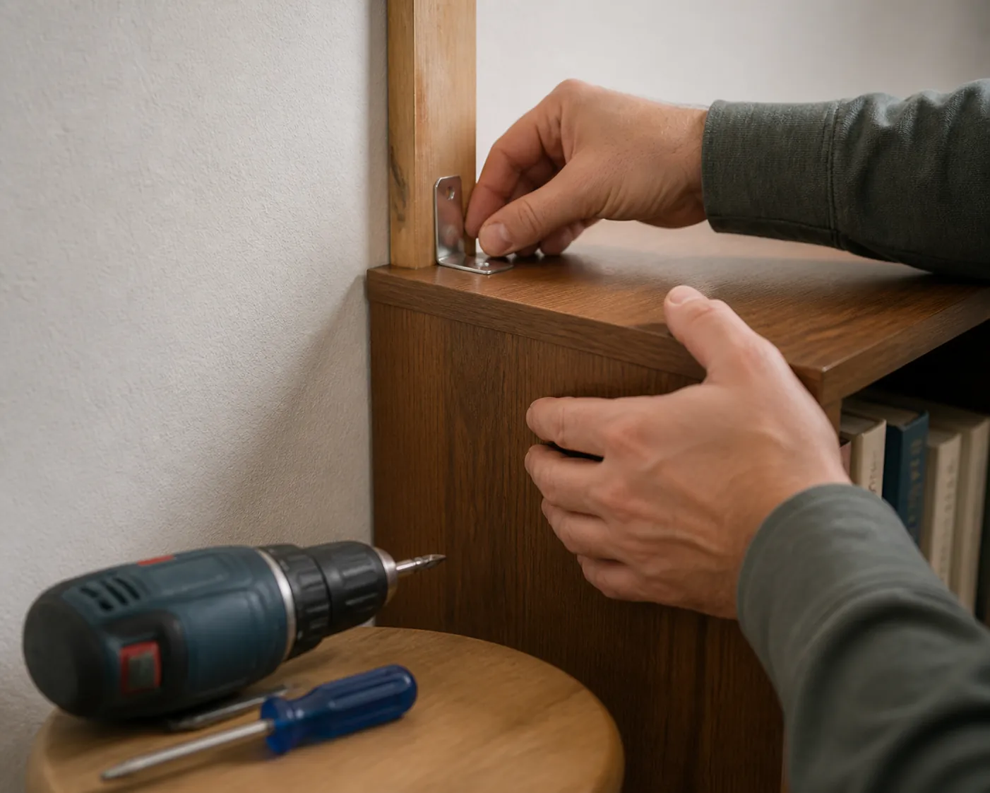 Hands installing a metal L-bracket to secure a wooden bookcase to a wall stud