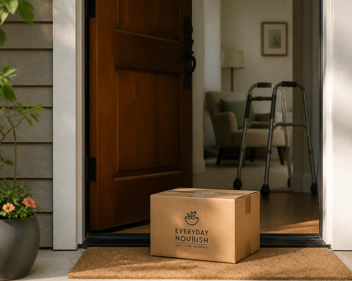A sealed food delivery box on a doorstep with a walker inside the home