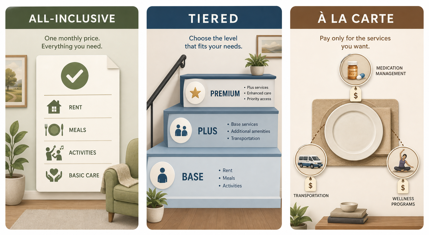 A comparison illustration showing three senior residential pricing models: left panel 'All-Inclusive' with a single bundled monthly bill checkmark; center panel 'Tiered' showing a three-step staircase labeled Base, Plus, and Premium with increasing service icons; right panel 'À La Carte' showing a base plate surrounded by add-on service icons with price tags, all in muted earth tones and soft blues.