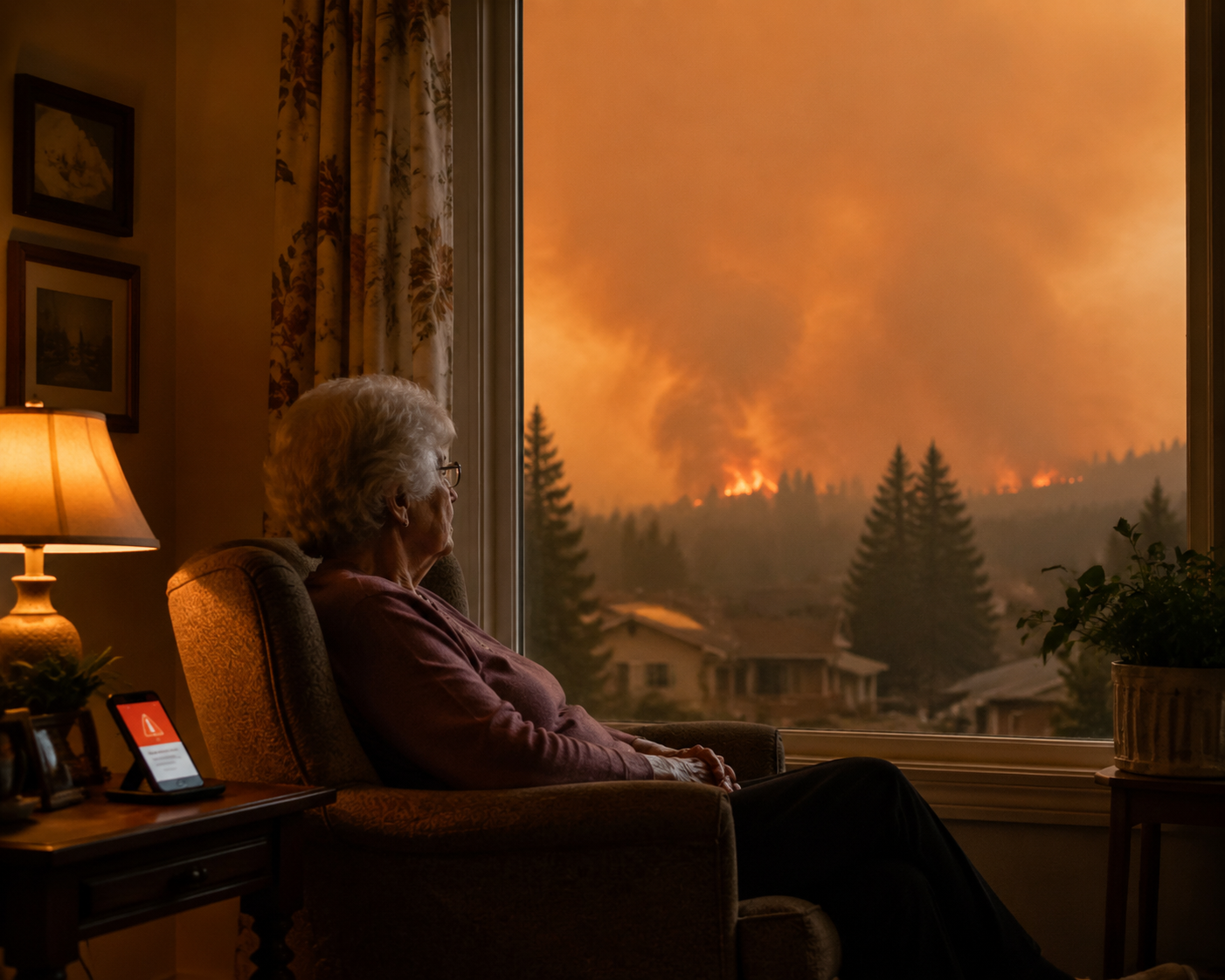 Older adult indoors looking out at a smoky orange sky while a phone shows an air quality alert