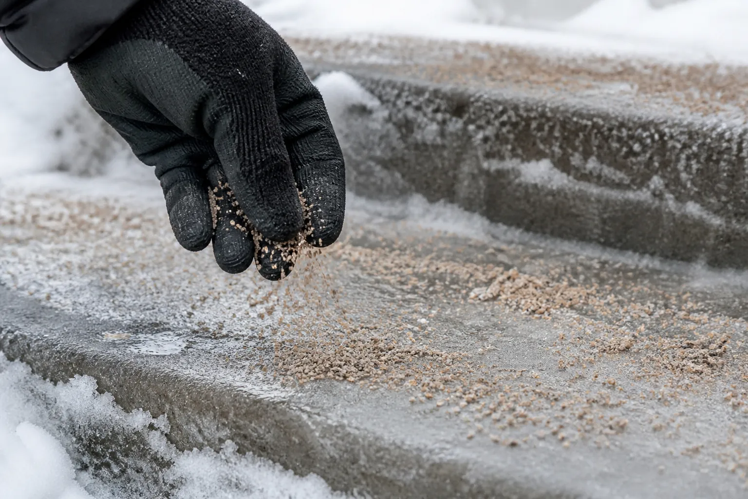 A gloved hand scattering sand and ice-melt granules over an icy front step
